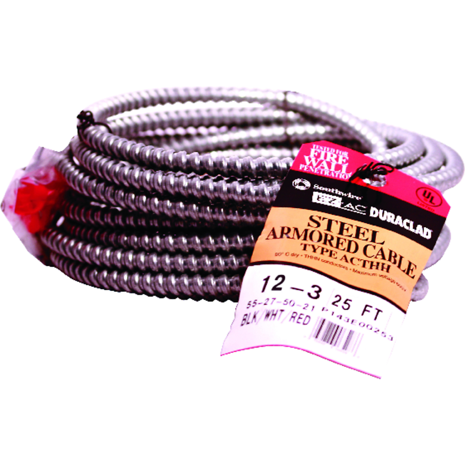Metal Clad Building Cable, MC, 12 AWG, 3C with Ground C, Silver, Galvanized Steel, Solid, 600V AC