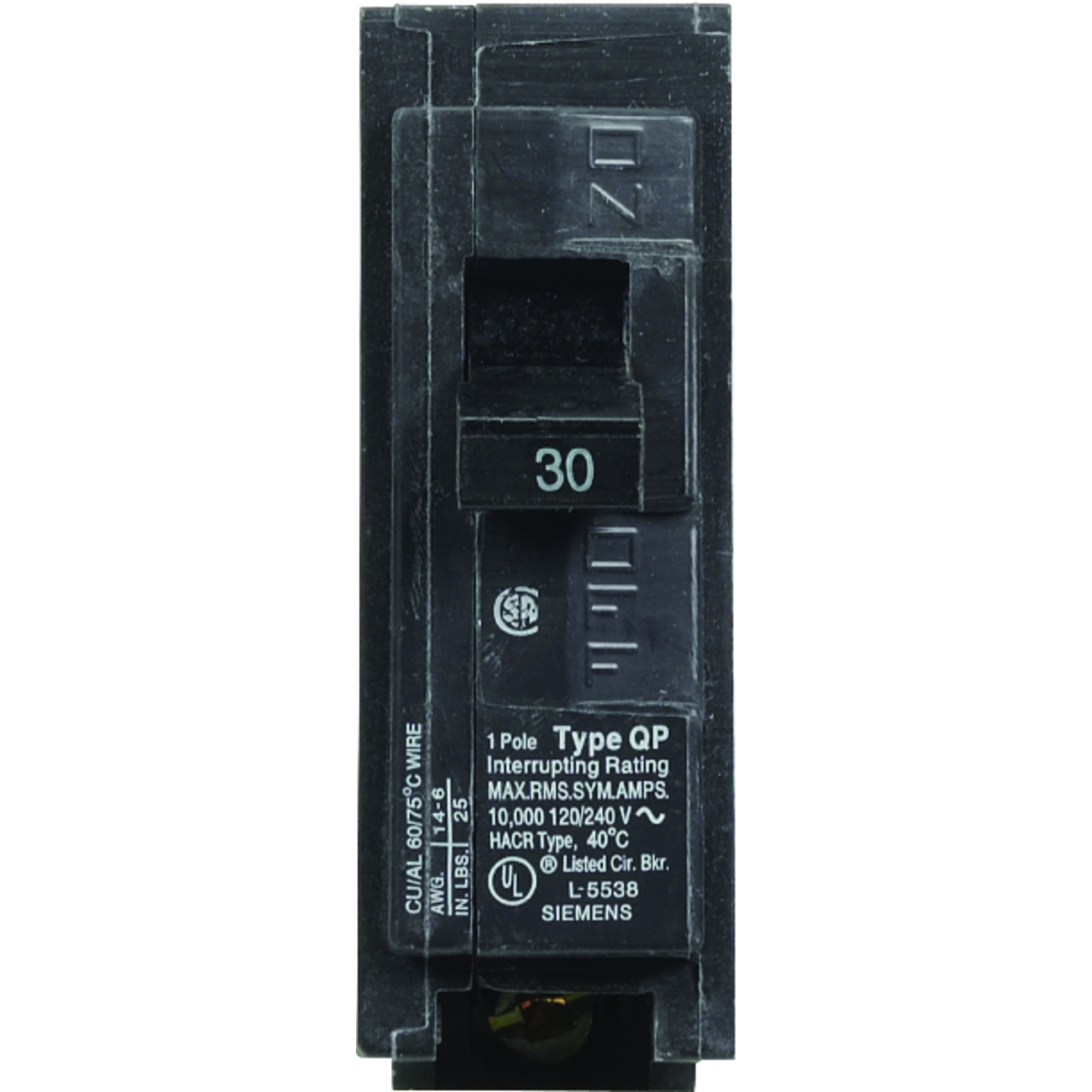 Miniature Circuit Breaker, Q Series, 30A, 1 Pole, 120V AC, 10kA at 120V AC