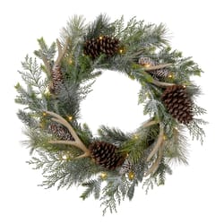 Glitzhome 24 in. D LED Warm White Flocked Pinecone and Antler Wreath