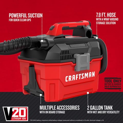 CRAFTSMAN V20 CMCV002B 2 gal Cordless Portable Wet/Dry Vacuum Tool