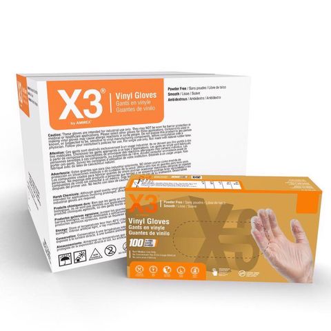 X3 Vinyl Disposable Gloves X-Large Clear Powder Free 100 pk Mfr