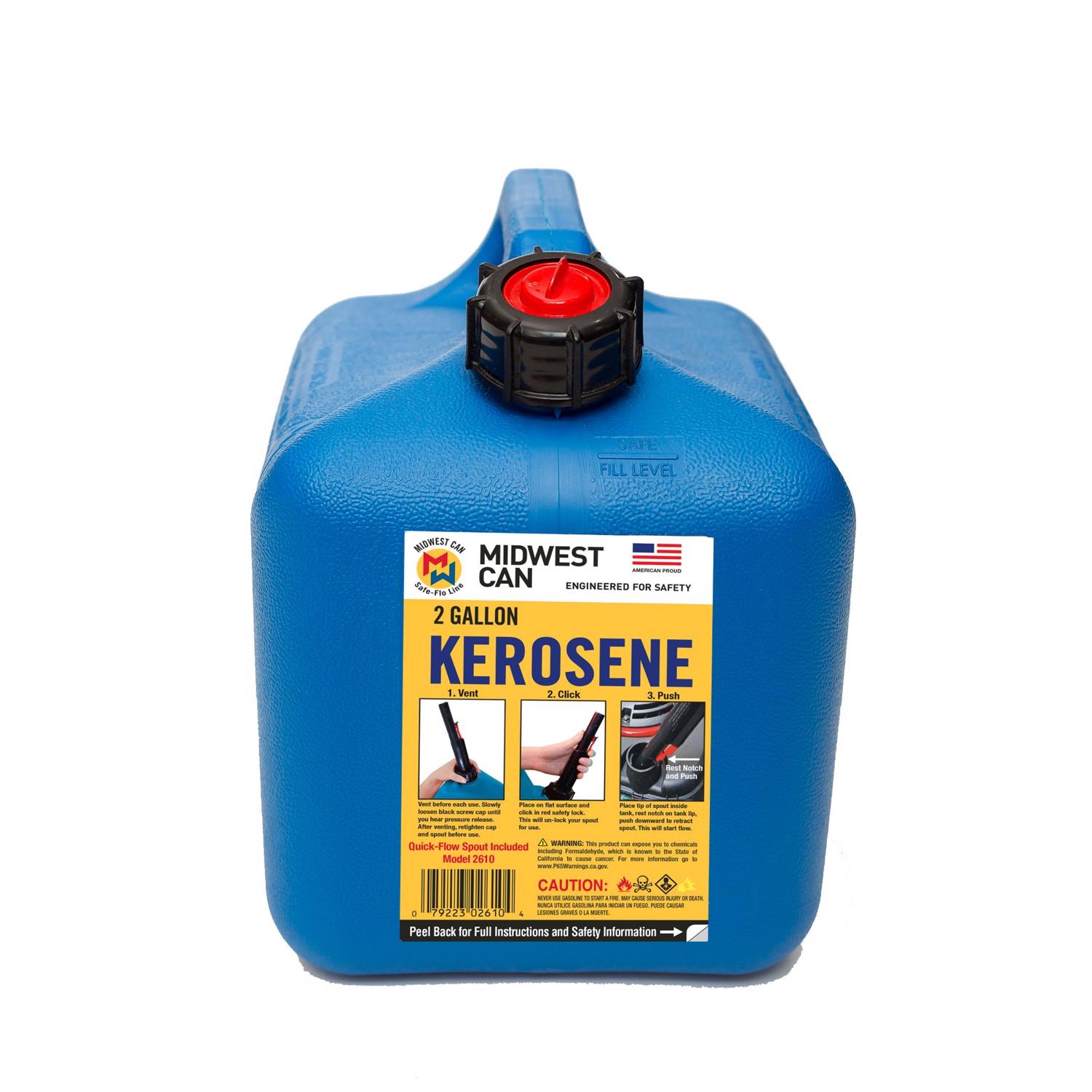 Gas Can, HDPE, 2 gal, Flame Shield Safety System, Quick-Flow Spout Included, Blue, Kerosene