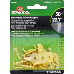 HILLMAN Wall Dog Brass-Plated Gold Self-Drilling Picture Hanger 50 lb 2 pk