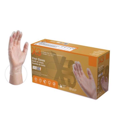 X3 Vinyl Disposable Gloves X-Large Clear Powder Free 100 pk Mfr