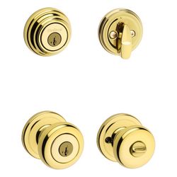 Kwikset Juno Signature Series Traditional Polished Brass Deadbolt and Entry Door Knob KW1 1-3/4 in.