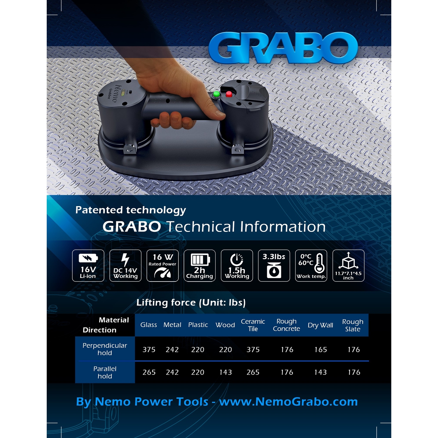 Grabo Nemo Electric Vacuum Suction Cup Lifter With Battery & Seal - Model NG-1B-FB-1S