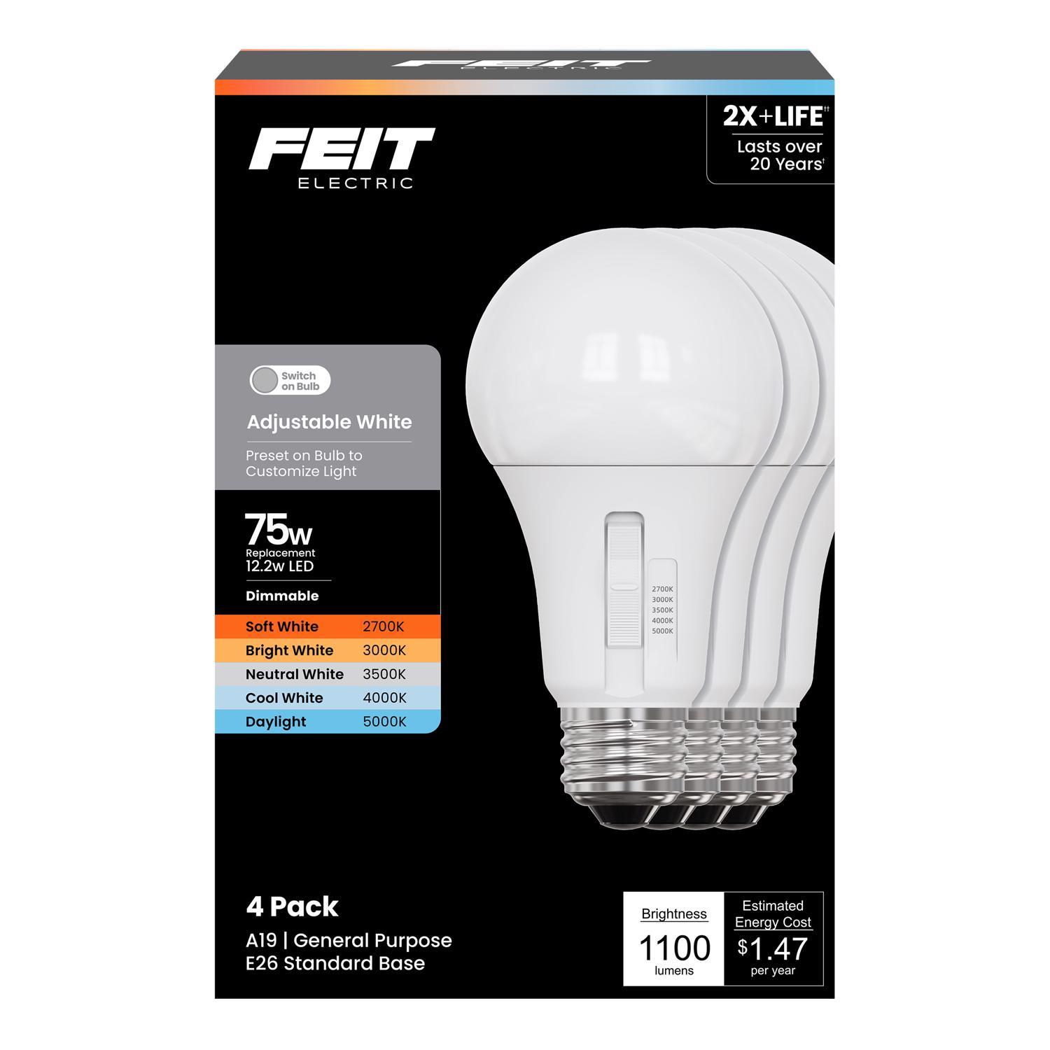 Photos - Light Bulb Feit A19 E26  LED Bulb Adjustable White 75 Watt Equivalence 4 pk OM75DM/5CCTCA/4(Medium)