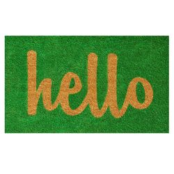 Home & More 1.42 ft. W X 2.42 ft. L Green Hello Script Coir Door Mat