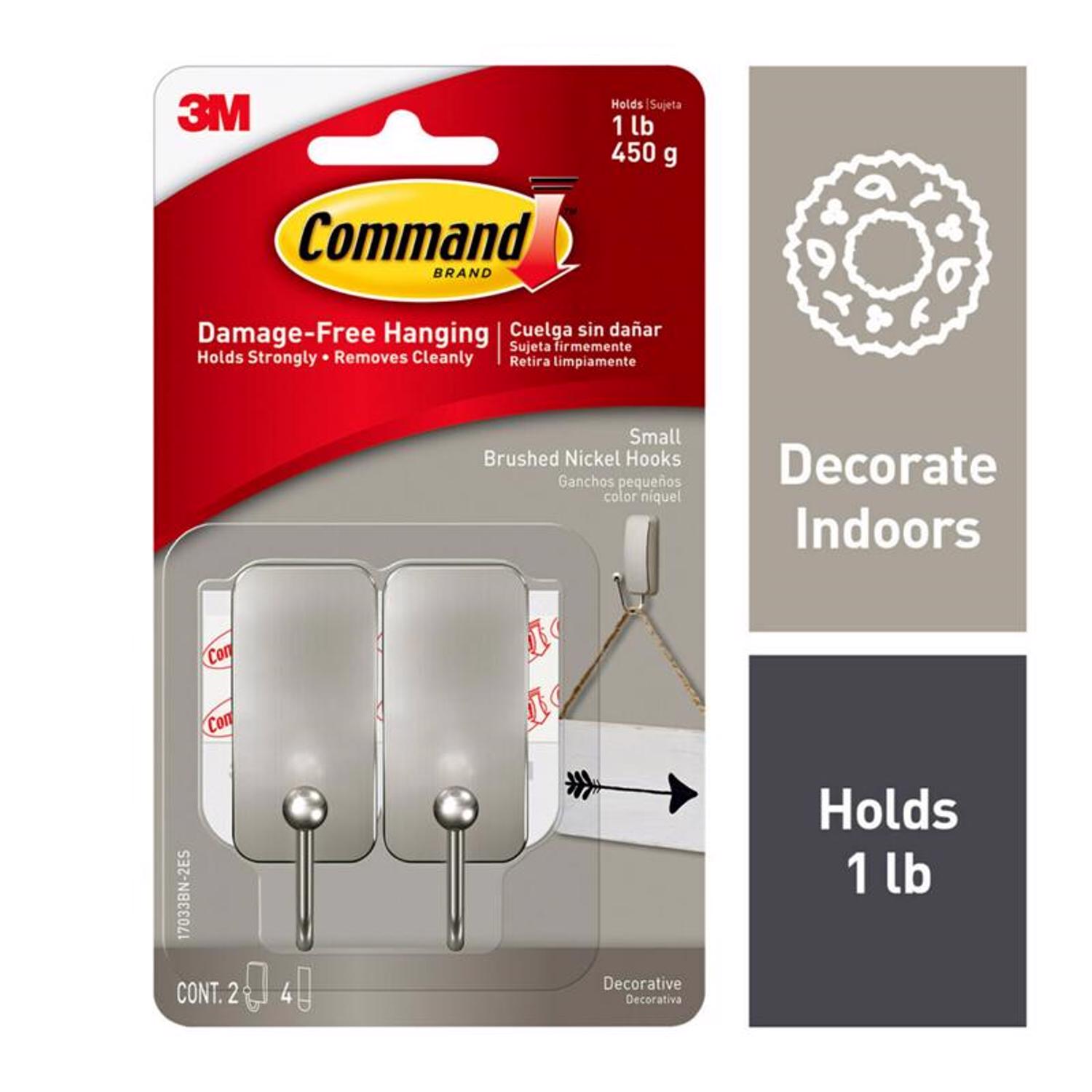 3M | Command Storage Hook: Adhesive Back Mount, 0.625" Projection, 1 lb Load Capacity, Metal - 2.6" OAL | 16-Pack | Part #7100242053