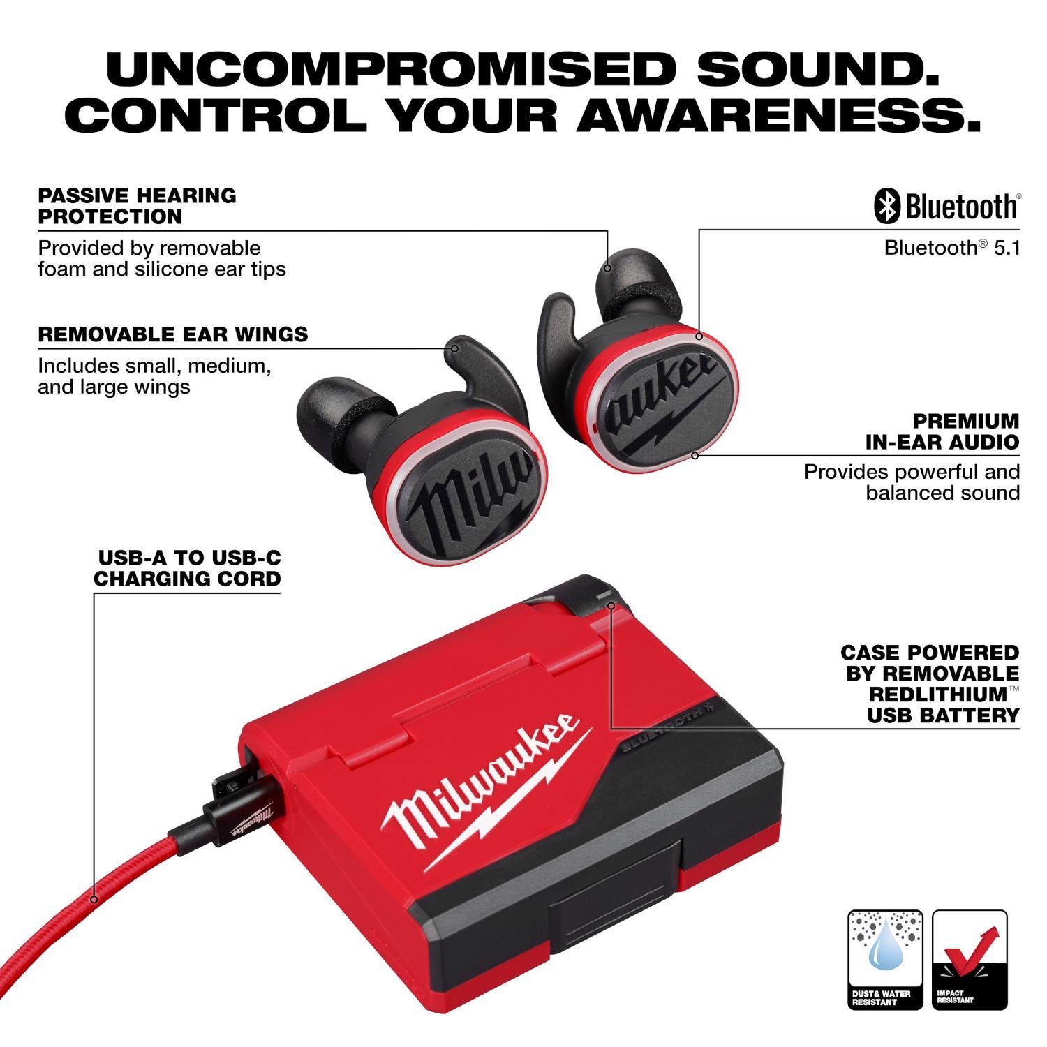 Milwaukee Redlithium Bluetooth Ear Plugs/Ear Phones With Mic Black