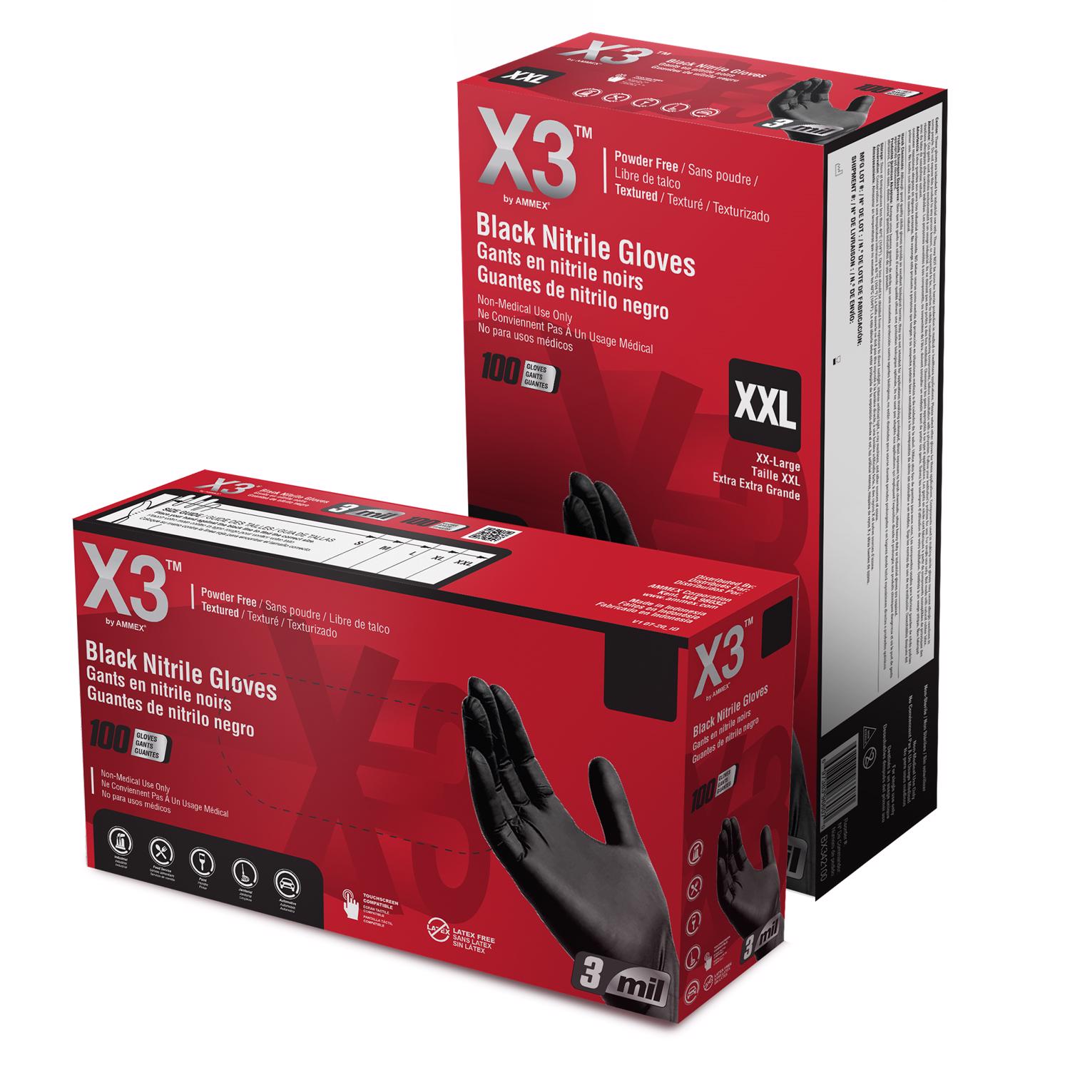 X3 Nitrile Disposable Gloves Large Black Powder Free 100 pk Mfr