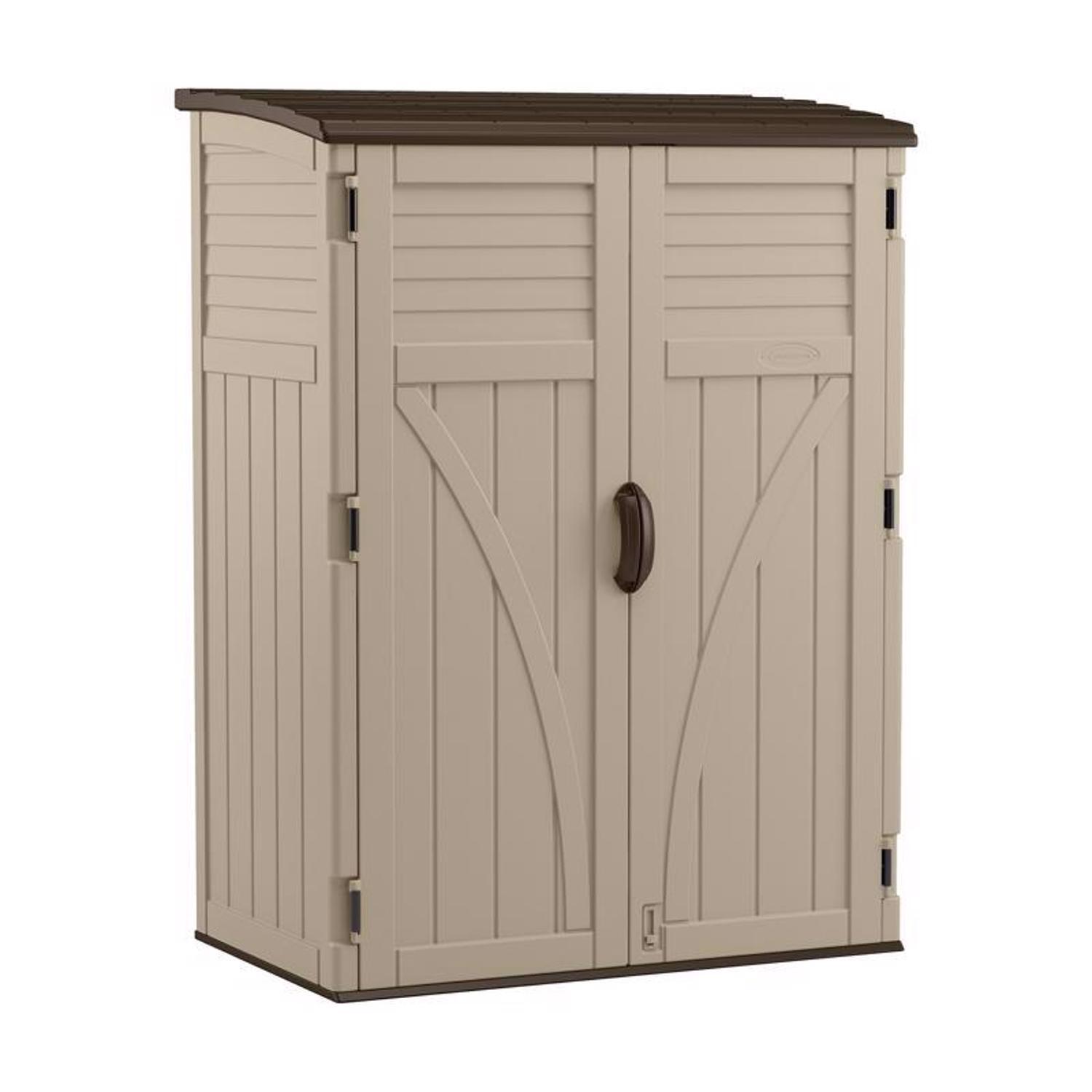 Suncast Large Vertical 4 ft. x 2 ft. Resin Vertical Storage Shed with Floor  Kit, image size:1500x1500