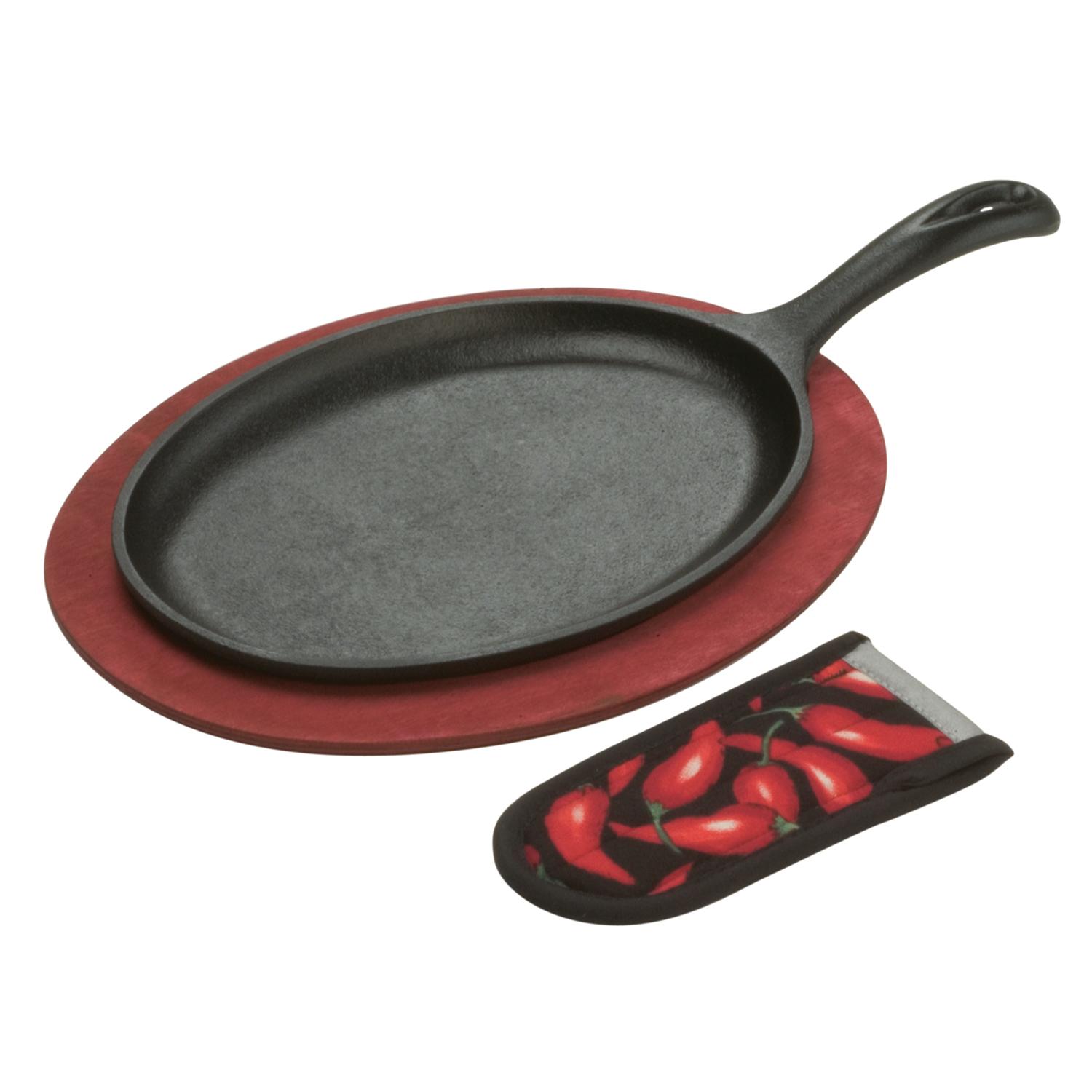 Lodge LFSR3 10" x 7 1/2" Oval Pre-Seasoned Cast Iron Fajita Skillet Set - Thumbnail 2