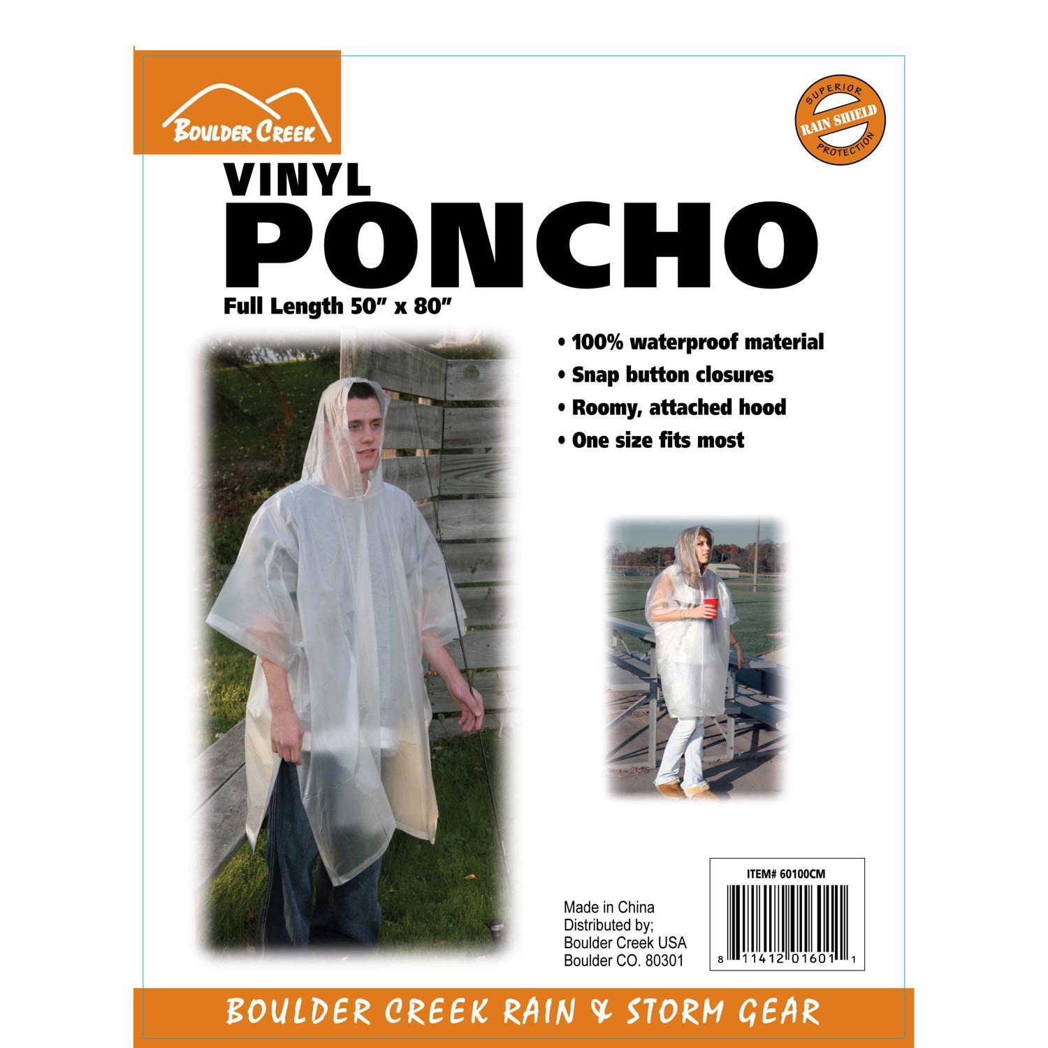 Boulder Creek Clear Vinyl Rain Poncho One Size Fits All 10 mil Mfr