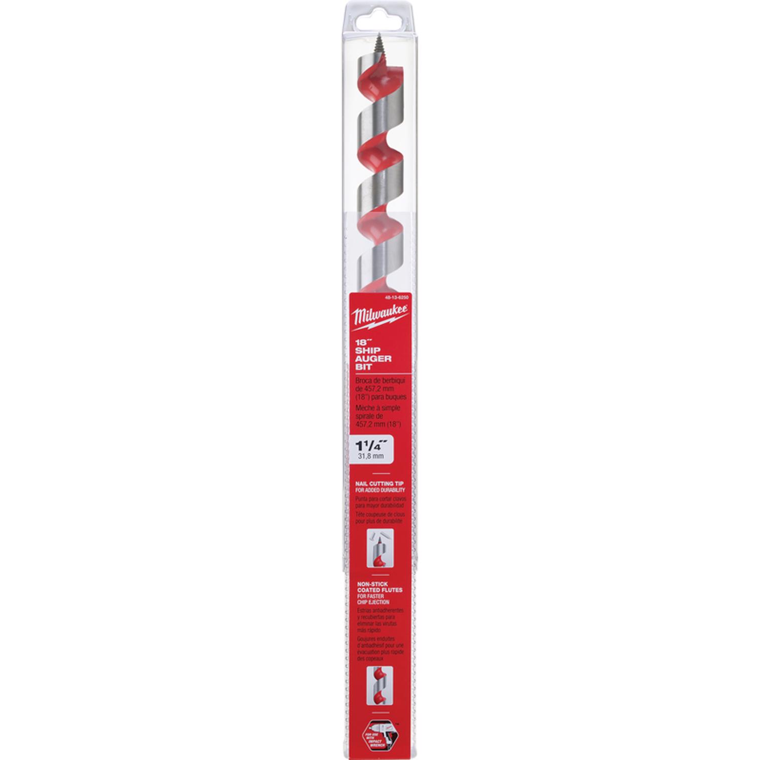 Milwaukee Tool | Milwaukee 1-1/4", 7/16" Dia Hex Shank, 18" Overall Length w/ 15" Twist, Ship Auger Bit - Standard Point, High Speed Steel, Bright