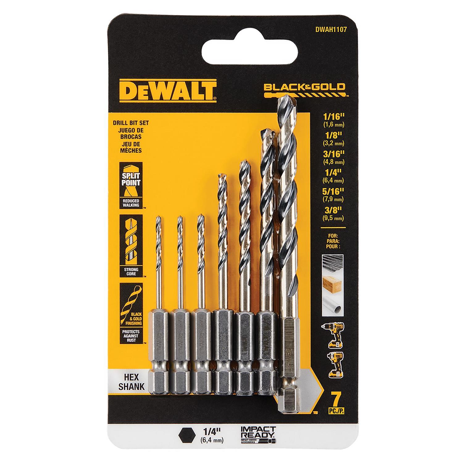 DeWalt Black & Gold Assorted High Speed Steel Impact Ready Drill Bit Set Hex Shank 7 pc