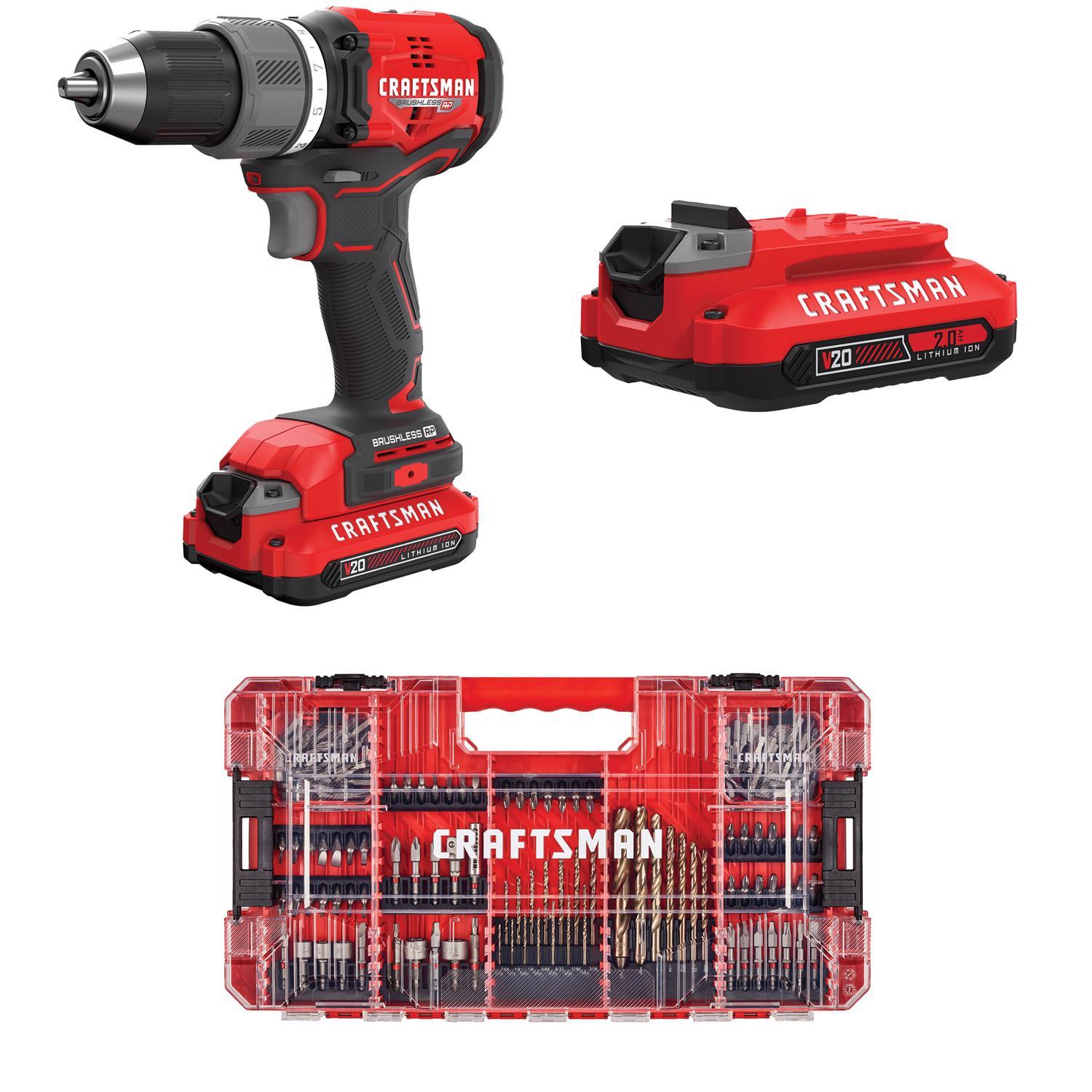 CRAFTSMAN V20 BRUSHLESS RP Drill/Driver Kit with 140 Pc Bit Set with V20 2.0 Ah Battery