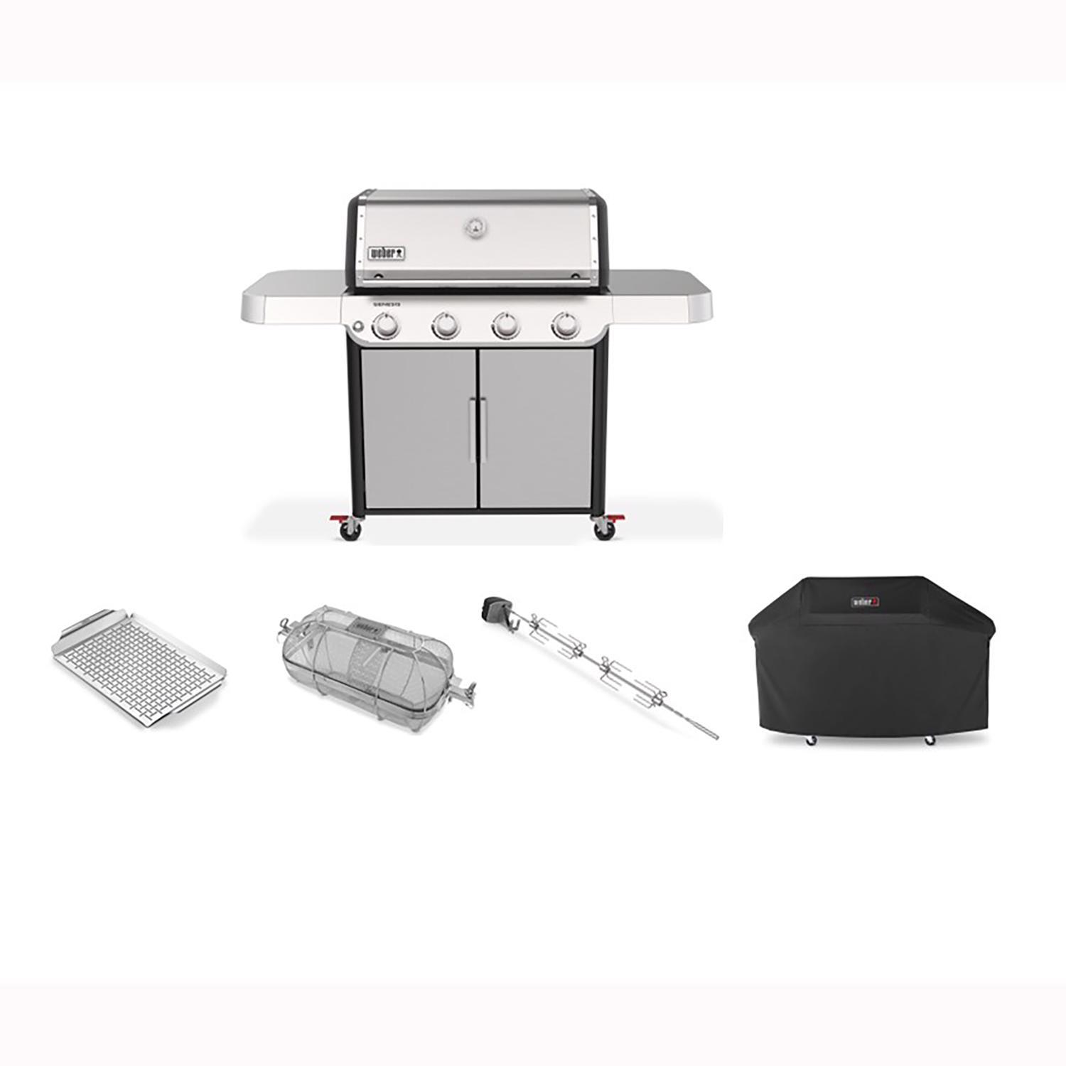 Weber Genesis S-415 LP Grill Bundle: Grill, Cover, Rotisserie, Pan, Crisping Basket