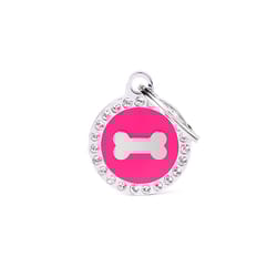 MyFamily Glam Pink/Silver Bone Circle Metal Dog Pet Tags Medium