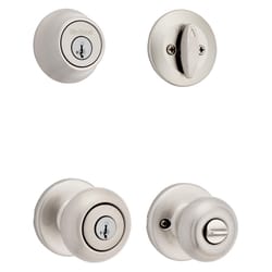 Kwikset SmartKey Security Cove Satin Nickel Deadbolt and Entry Door Knob KW1 1-3/4 in.