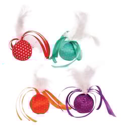 Pet Park Blvd Assorted Ribbon Ball w/ Feathers 2 pk