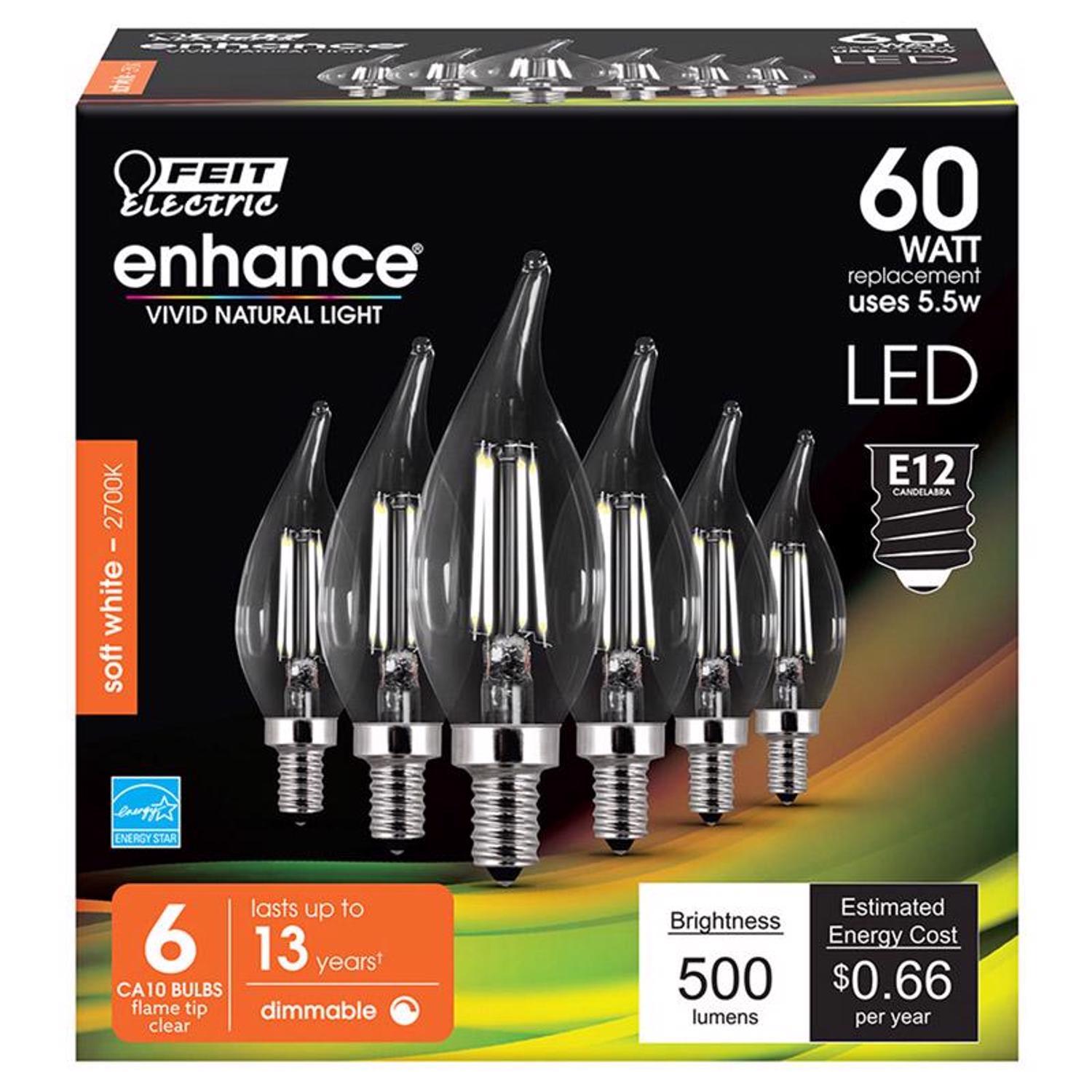 Photos - Light Bulb Enhance Feit  CA10 (Flame Tip) E12  Filament LED Bulb Soft White 60 Watt Equivalence 6 pk CFC60927CAFIL6 (Candelabra)
