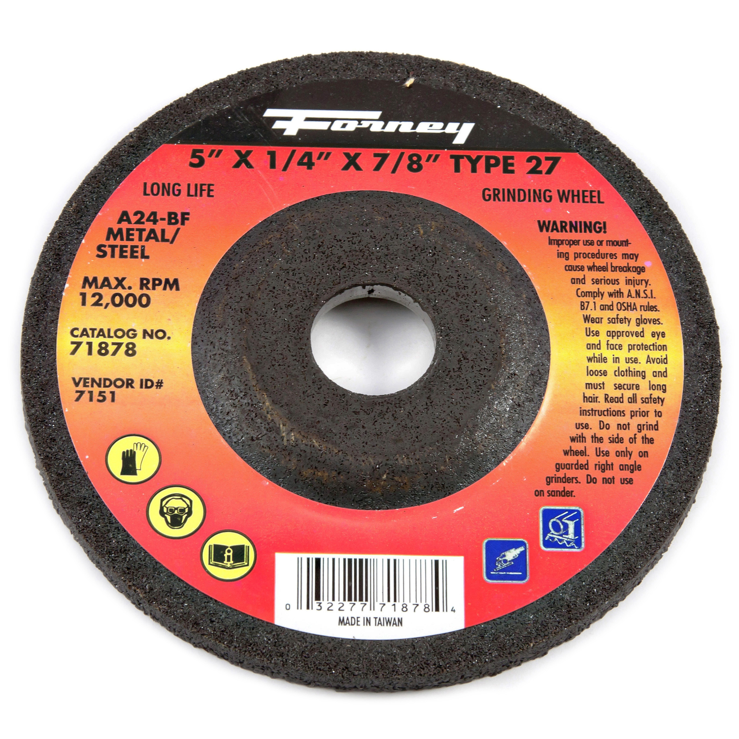 Forney 5 in. D X 7/8 in. X 1/4 in. thick Metal Grinding Wheel 1 pc