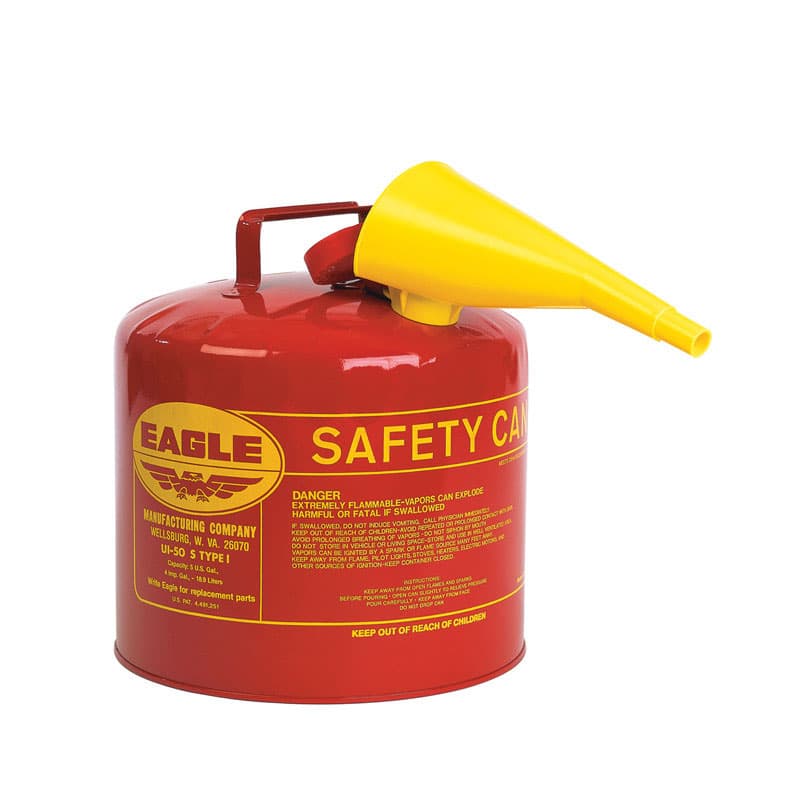 Type I Safety Can, Galvanized Steel, 5 gal, Self-Closing Lid, Includes Funnel, Red, Flammables