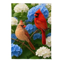 Evergreen Cardinal Couple Among Hydrangeas Suede Garden Flag 18 in. H X 12.5 in. W