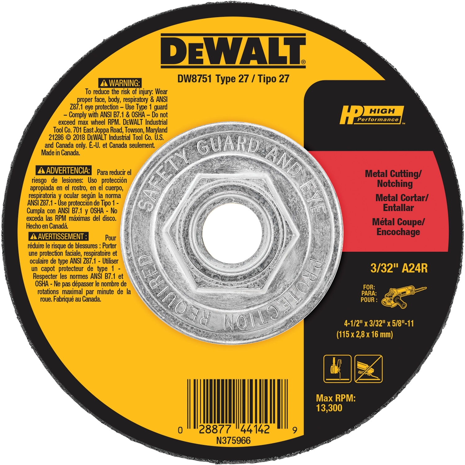 DeWALT Depressed-Center Wheel: Type 27 & Type 42, 4-1/2" Dia, 3/32" Thick, 5/8-11 Hole, Aluminum Oxide - 24 Grit, Resinoid Bond, 13300 Max RPM, Use
