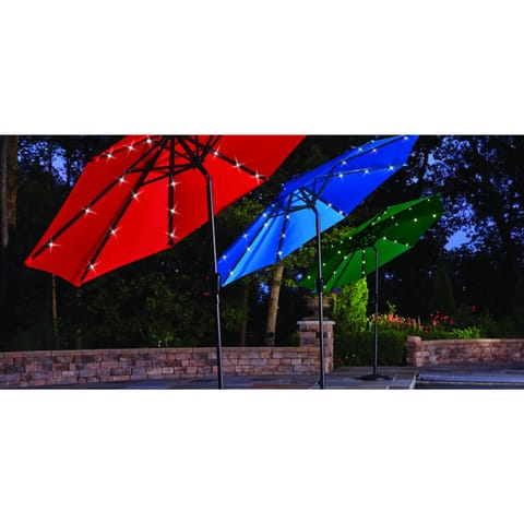 blue patio umbrella with lights EliteShade 9ft Solar LED – Eurmax Patio offset umbrella is more versatile than a regular market umbrella Living Accents Solar LED 9