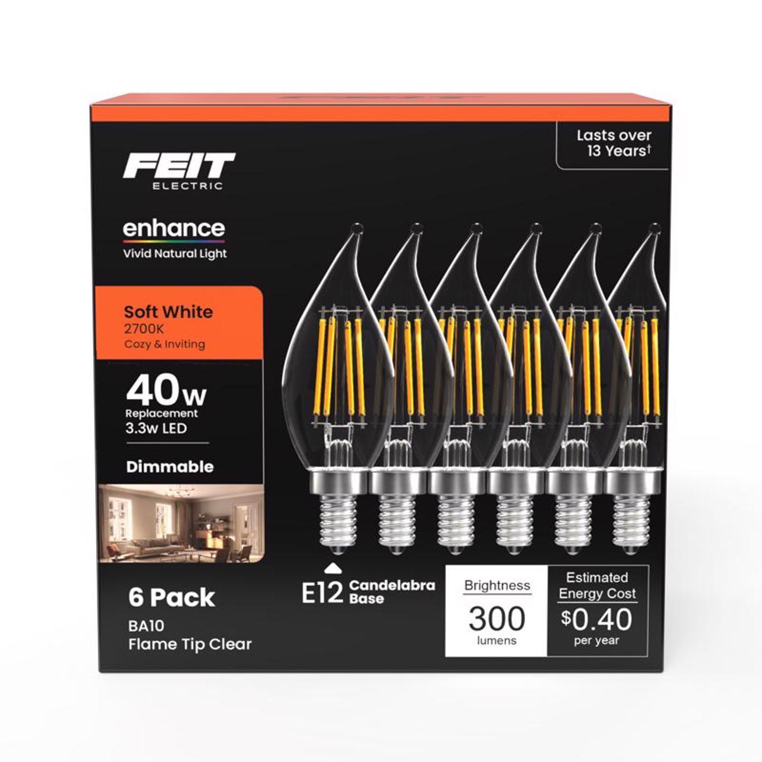 Photos - Light Bulb Enhance Feit  CA10 (Flame Tip) E12  Filament LED Bulb Soft White 40 Watt Equivalence 6 pk CFC40927CAFIL6 (Candelabra)