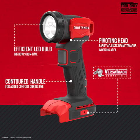 craftsman v20 20-volt max 1825-lumen led rechargeable power tool flashlight Work Light, Spotlight Flashlight, 2,500 Lumens, Spotlights Handheld, Cordless, Only (CMCL060B) The LED work light CMCL050B offers a brightness of 700 lumens and is ideal for use on construction sites and in work areas CRAFTSMAN V20 20-volt Max Lithium
