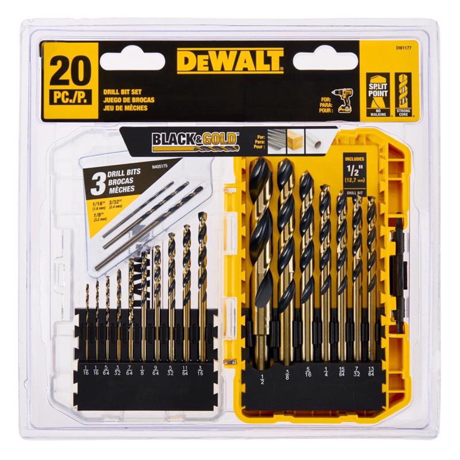 DeWalt BLACK GOLD High Speed Steel Split Point Drill Bit Set Straight Shank 20 pc