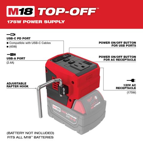 Milwaukee M18 TOP-OFF 175W 電源 Milwaukee M18 TOP-OFF Lithium-Ion 175W Power Supply 1 pc Mfr# 2846
