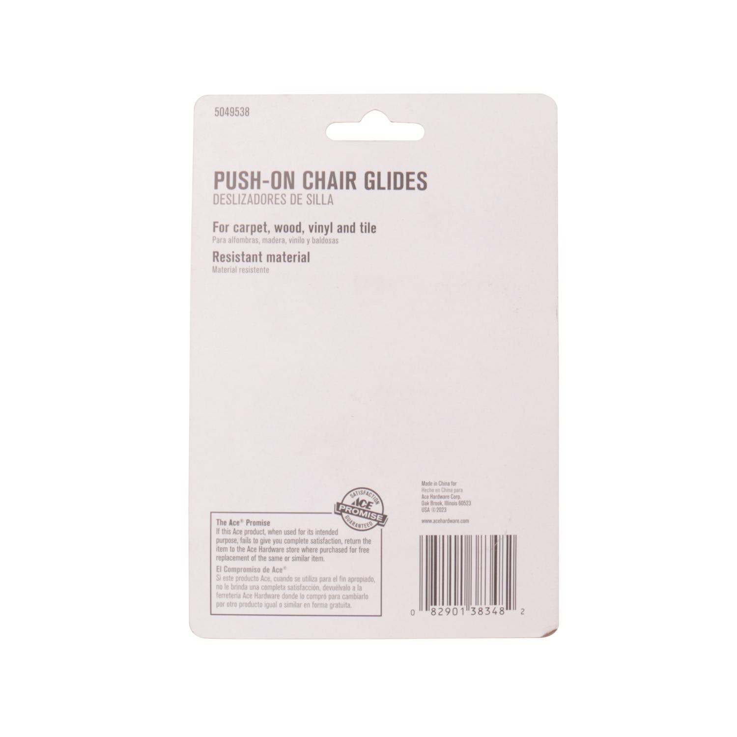 ACE push-on chair glides back of package with fit and material info
