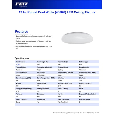 Feit LED 2.4 in. H X 13.2 in. W X 13.2 in. L Aluminum White LED
