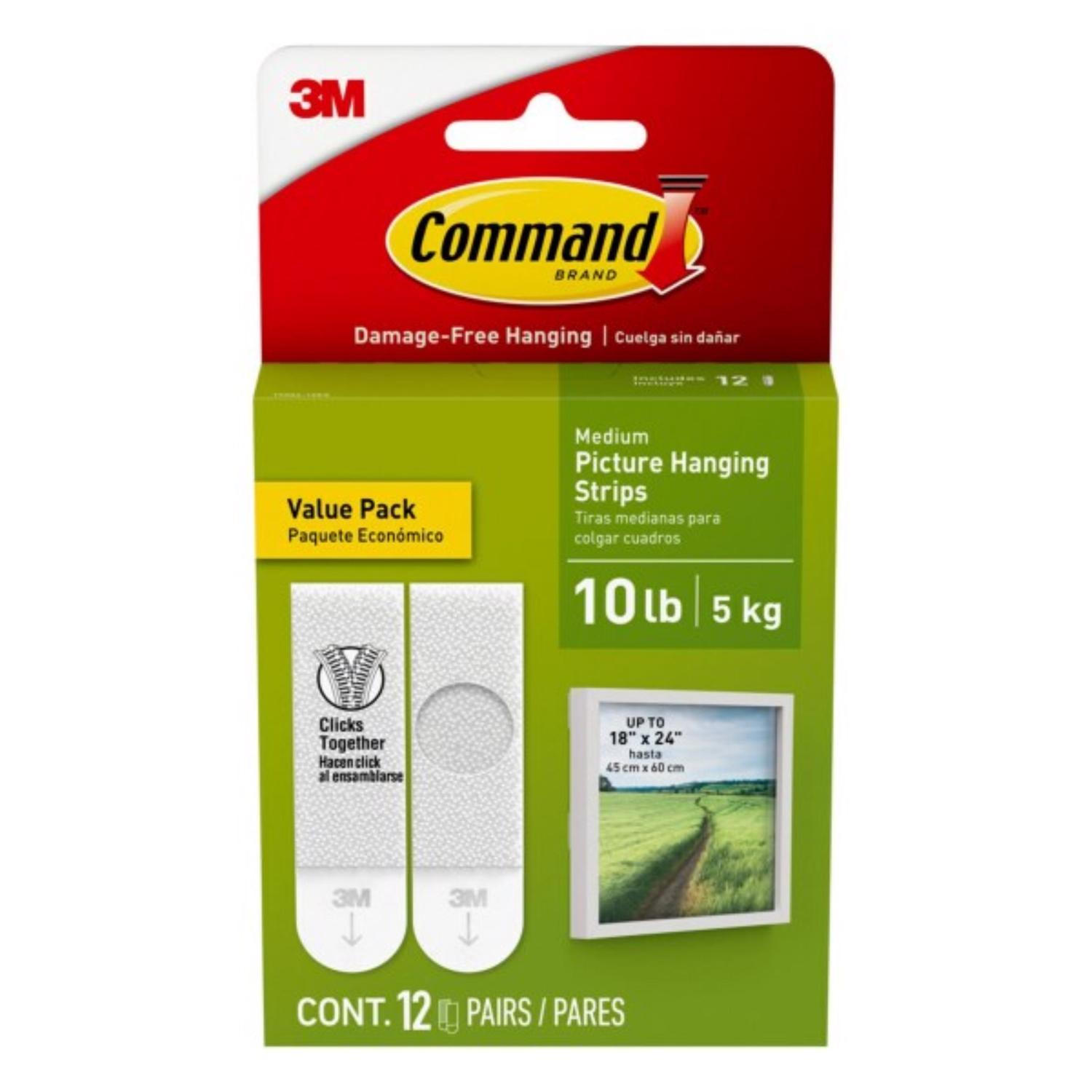 Picture Hanging Strips, Medium, Removable, 0.75" x 2.75", White, 12PK