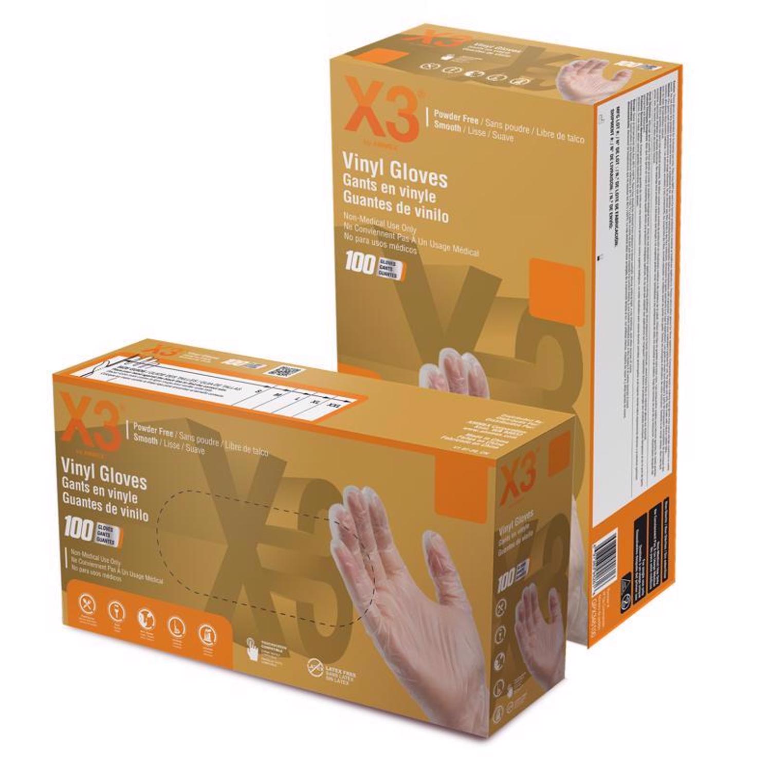 X3 Vinyl Disposable Gloves X-Large Clear Powder Free 100 pk Mfr