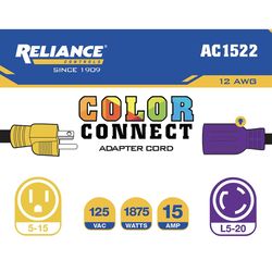 Reliance Controls Color Connect 12/3 SJTW 120 V 12 in. L Adapter Cord