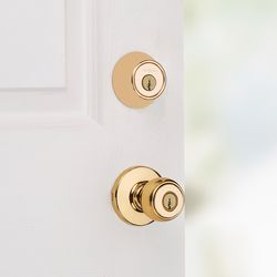 Kwikset Polo Polished Brass Deadbolt and Entry Door Knob 1-3/4 in.