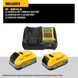 DeWalt 20V MAX XR DCBP315-2C Lithium-Ion 1.7Ah and 5Ah Battery and Charger Starter Kit 3 pc