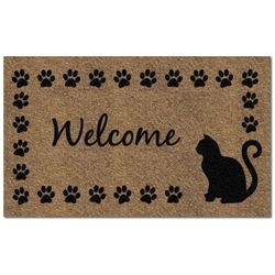Americo Home Flocked KoKo 18 in. W X 30 in. L Black/Tan Cat Welcome Coir Door Mat