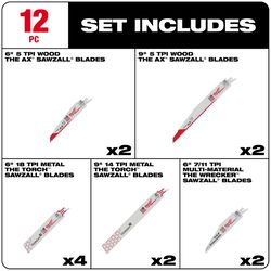 Milwaukee Sawzall 6 and 9 in. Bi-Metal Demolition Reciprocating Saw Blade Set Multi TPI 12 pk