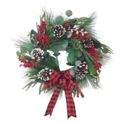 Briarwood Lane 24 in. D Red Checkered Bow Evergreen Wreath
