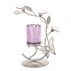 Gallery of Light 8 in. H X 7 in. L Pink/Silver Glass/Iron Butterfly and Lilly Candle Holder