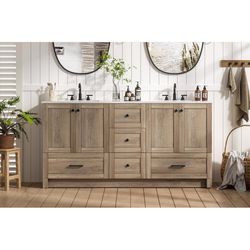 Home Living Double Natural Oak Vanity and Top 68 in. W X 19 in. D X 34 in. H