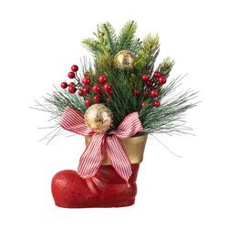 Glitzhome Multicolored Christmas Red Boot with Pine Needle & Berry Centerpiece 14 in.