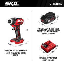 SKIL 20V PWRCORE 20 1/4 in. Cordless Brushless 3-Speed Impact Driver Tool Only