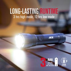 Ace 900 lm Black LED Rechargeable Rechargeable Flashlight 18650 Battery